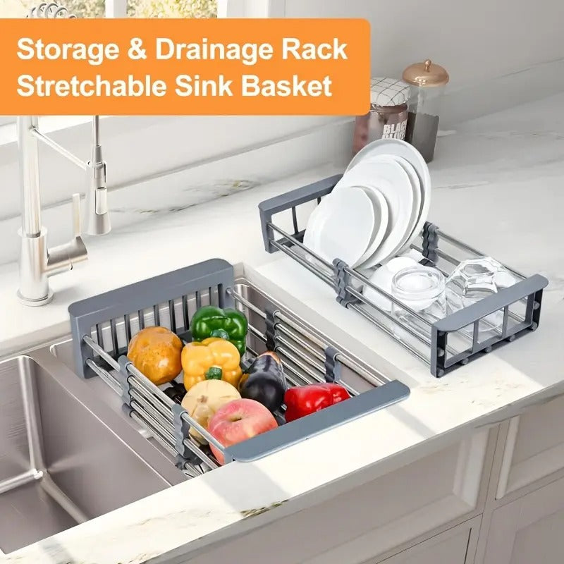 over the sink dish rack, stainless steel dish rack, expandable drying rack, kitchen organizer, dish drainer, rust resistant rack, space saving kitchen rack, fruit and vegetable drainer, dish drying rack