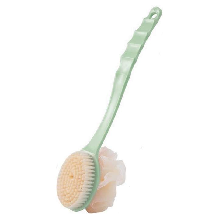 Green bath brush with a long handle on a white background