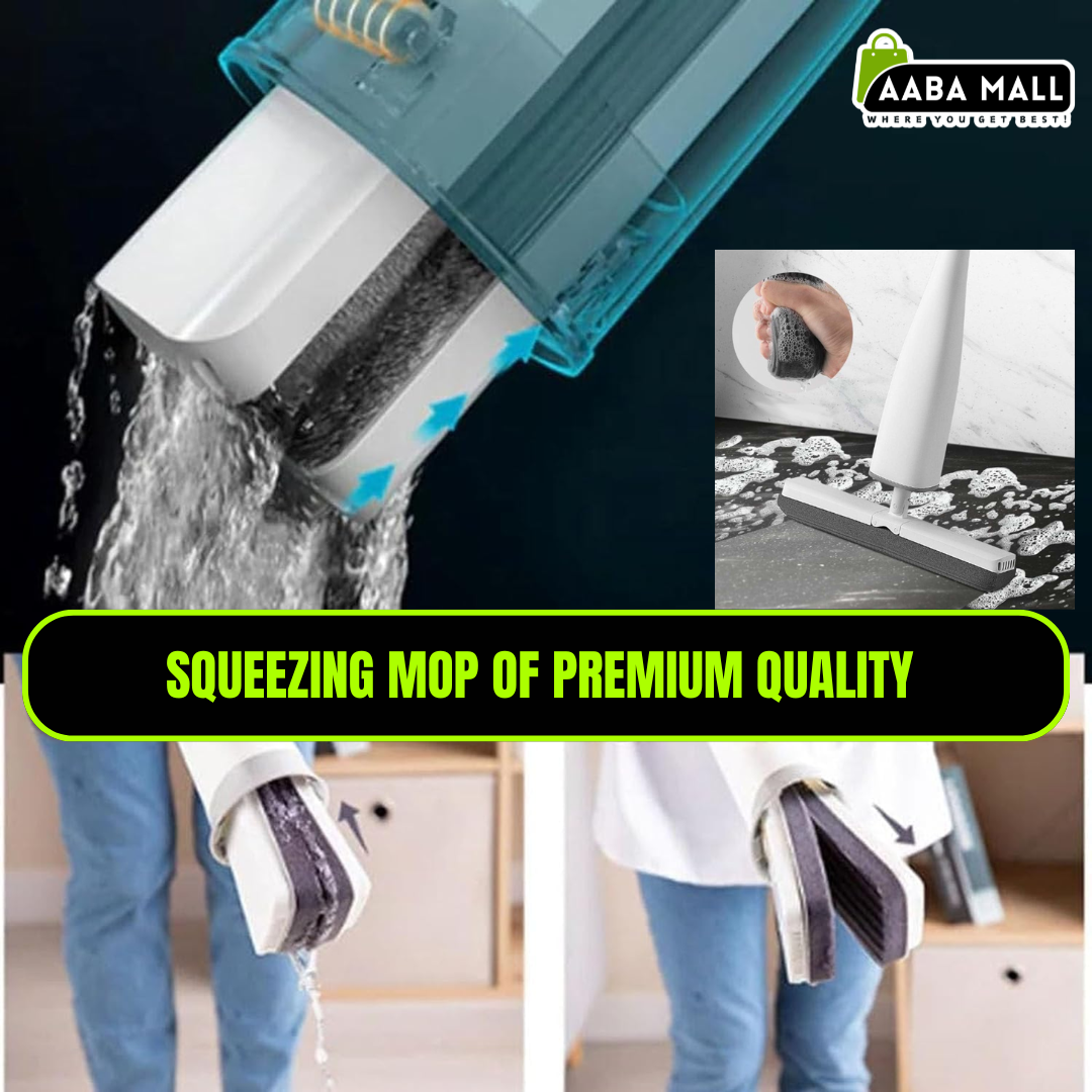Squeezing mop with water being squeezed out, showing its use on a floor.
