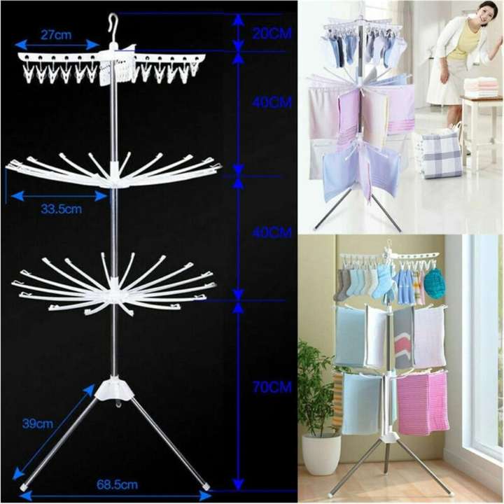 A collage showing a white multi-tier fabric clothesline stand. The left panel is a black background with blue dimension arrows and measurements for the stand's height, width, and leg spread.