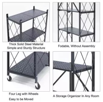 Folding Metal Storage Shelves Without Assembly, Collapsible 3/4/5 Tiers Book Shelves, Large Loading Capacity