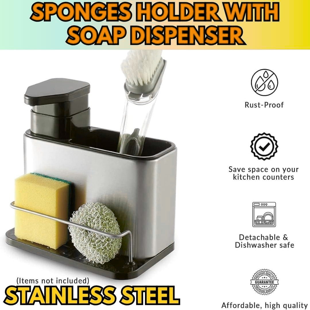 Essentials Kitchen Sink Tidy Caddy Sponges Holder with Liquid Soap Dispenser – 340ml Kitchen Soap Dispenser