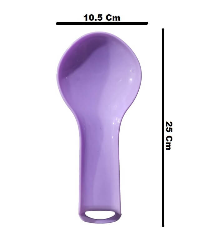 A purple plastic spoon with dimension markings showing a height of 25 cm and a width of 10.5 cm on a white background.