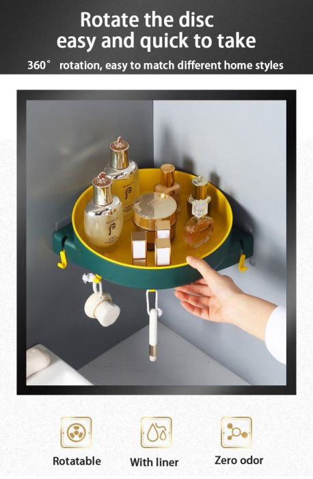 Kitchen Bathroom Corner Organizer Shelf With Hooks Rotating Wall Holder