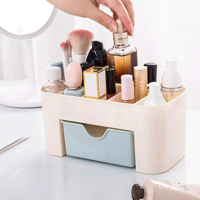 Large capacity plastic desktop cosmetic storage box organizer with three clear drawers and top compartments