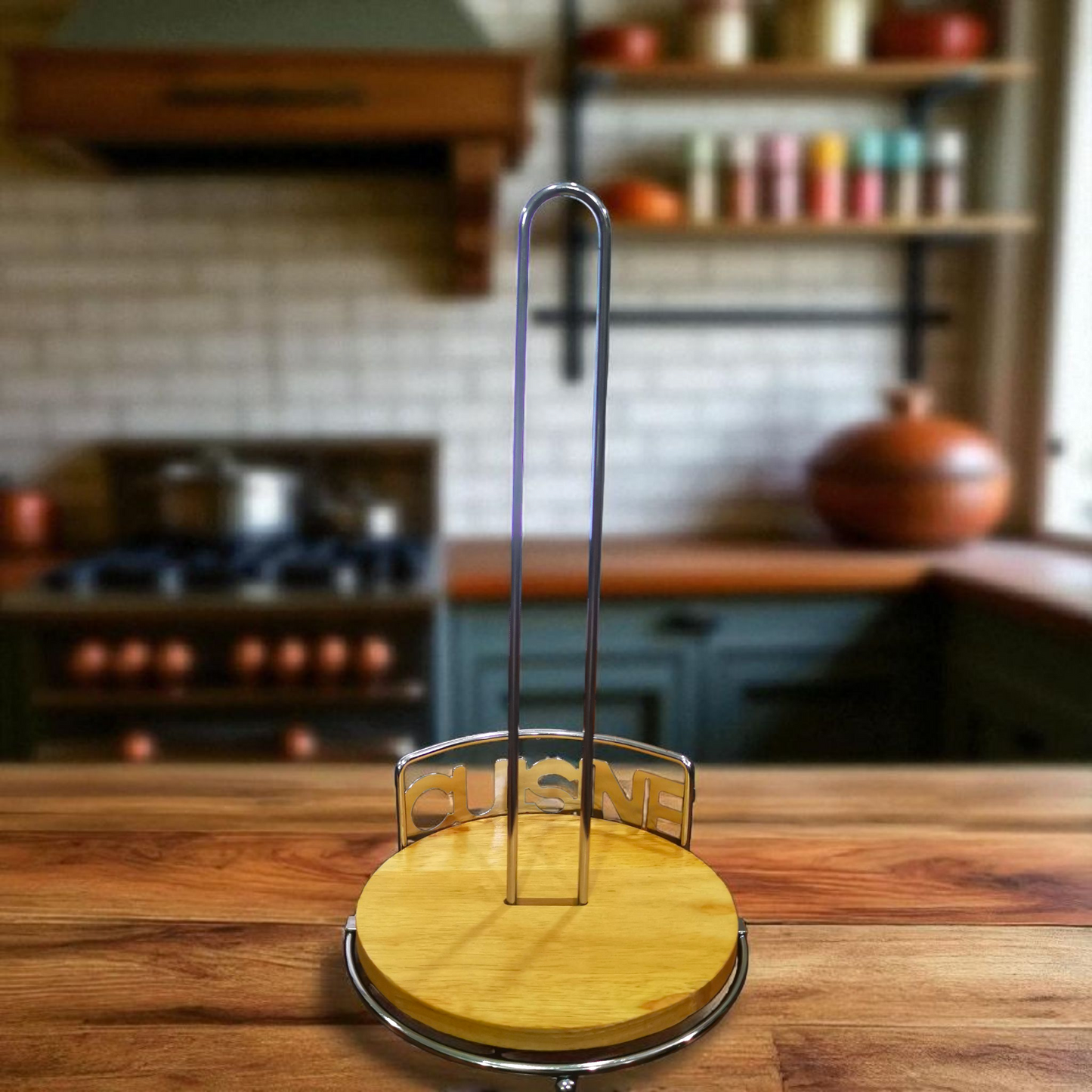 Wooden & Stainless Steel Tissue Holder β Adjustable Vertical Stand for Kitchen Roll, Cling Film, Paper Towels β Space-Saving Countertop Organizer with Sleek Metallic Finish