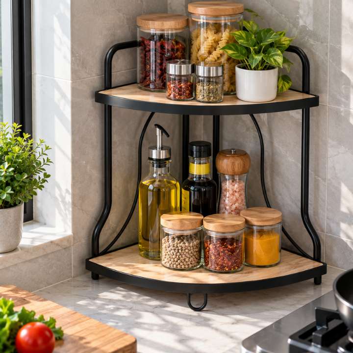 Kitchen & Home 2-tier metal corner rack organizer for kitchen countertop, bathroom accessories, spices, toiletries, and home storage