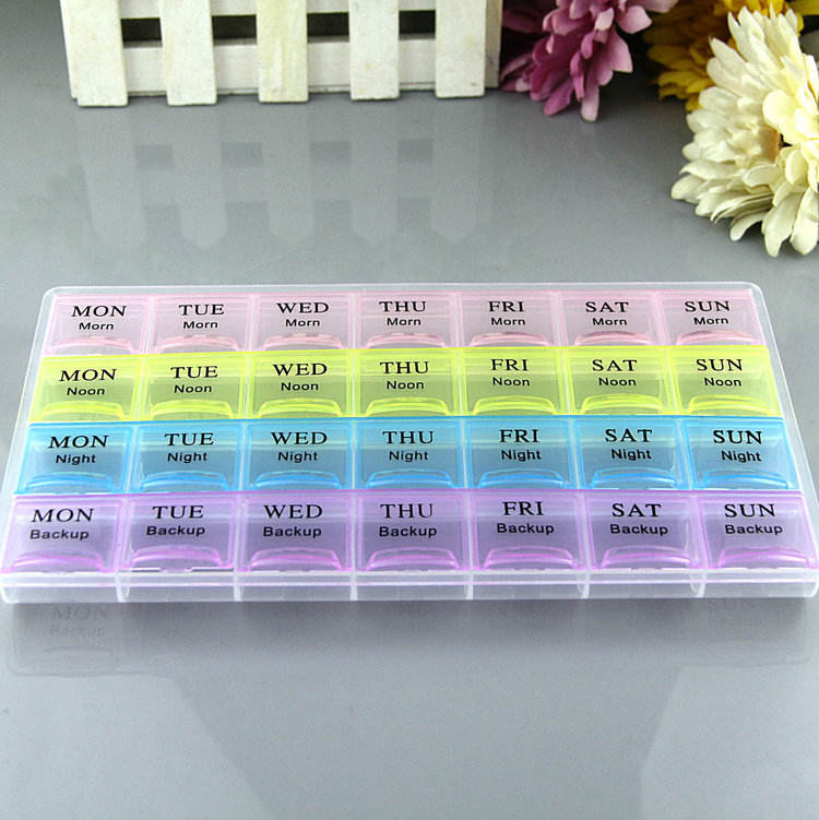 Large weekly pill organizer with 4 compartments per day