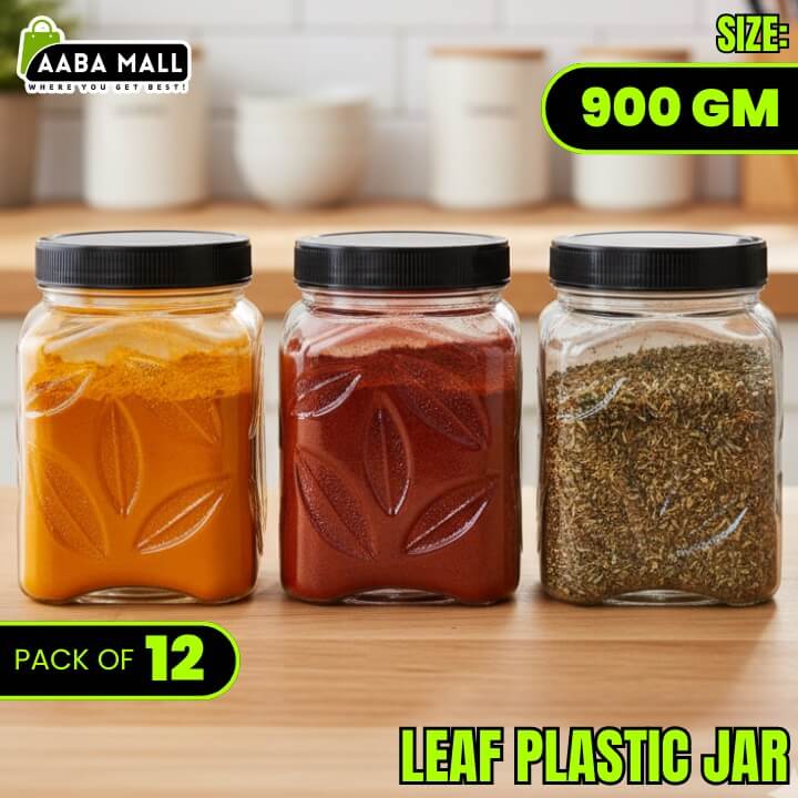 Three glass jars with black lids containing different leafy substances on a wooden surface, with branding and product details displayed.