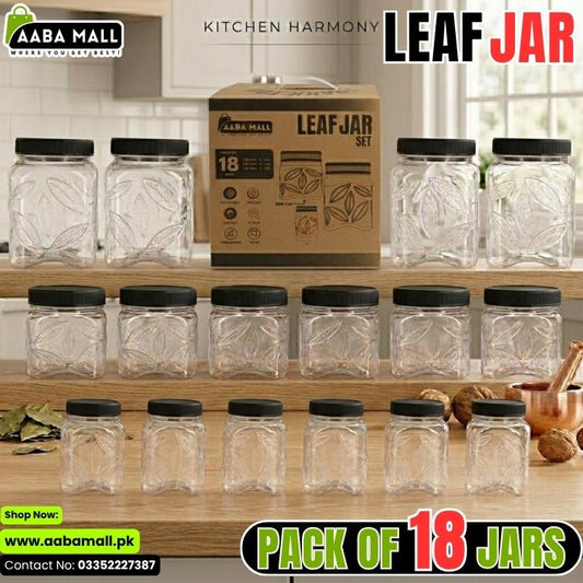 Pack of 18 Leaf Jar kitchen storage containers with Aaba Mall branding.