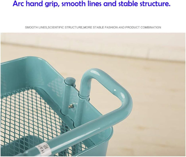 Modern minimalist black metal kitchen trolley with wooden handle, on wheels, holding kitchen accessories and utensils.