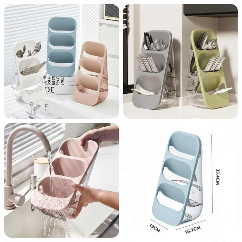Collage of kitchen utensil holders in various colors with a measuring chart.