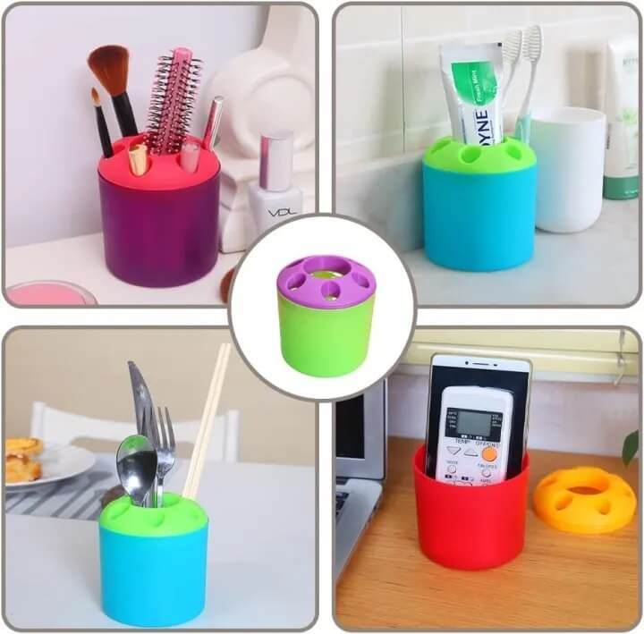 Collage of colorful cylindrical holders used for organizing various items on a desk.