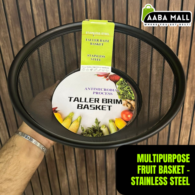 Sleek, modern stainless steel fruit basket, rust-resistant wire design for kitchen counter fruit and vegetable organization