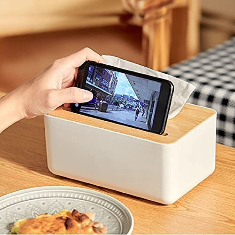Wooden Cover Plastic Tissue Box With Phone Holder Household Paper Towel Storage Box Home Office Removable Tissue Case