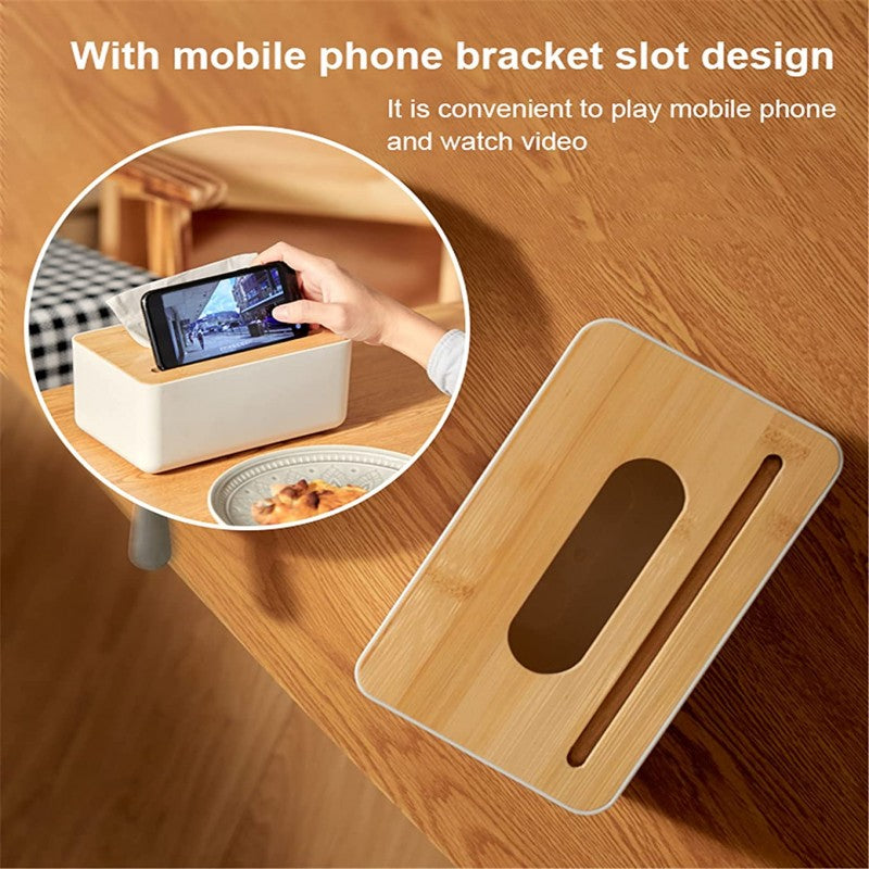Wooden Cover Plastic Tissue Box With Phone Holder Household Paper Towel Storage Box Home Office Removable Tissue Case