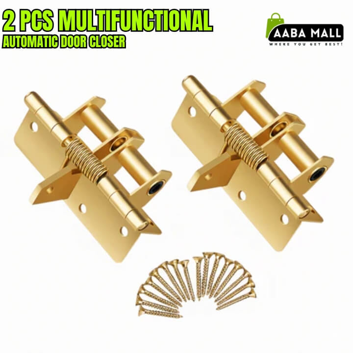 2 Pcs multifunctional automatic door closer spring hinges installed on a wooden door. Heavy duty self-closing door hinges available in silver, black, and gold colors. Featured product image with Aaba Mall logo.