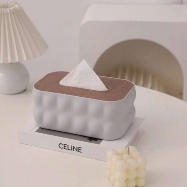 Nordic Bubble‑Texture Tissue Box Holder with Natural Wooden Lid – Stylish Decorative Tissue Organizer for Living Room, Bedroom, Office