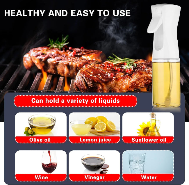 Press type olive oil sprayer mister, glass or plastic spray bottle for cooking, widely used with air fryers, baking, and salad making