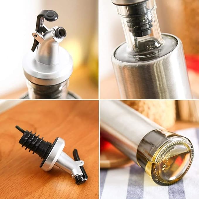 Stainless steel covered glass oil bottle for countertop use