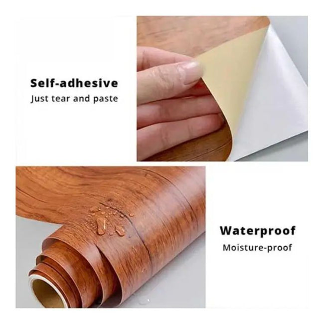 Roll of dark brown wood grain peel and stick wallpaper next to a kitchen countertop it has been applied to. Shows the waterproof, oil-proof, and self-adhesive features.
