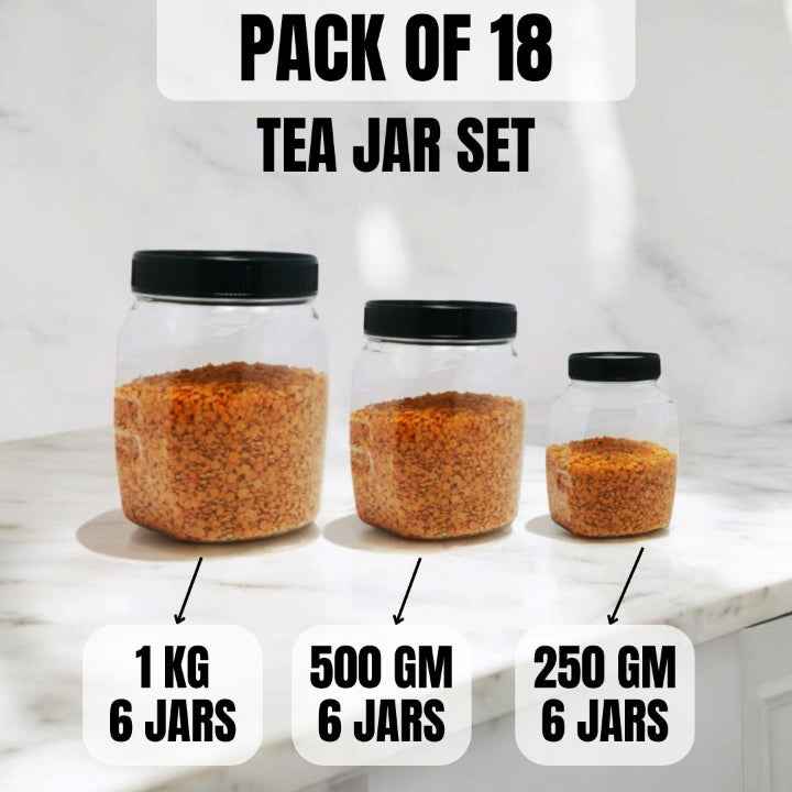 18 Tea Plastic Jar Set – Premium Airtight Food Storage Containers | 6 Jars (1KG), 6 Jars (500GM), 6 Jars (250GM)