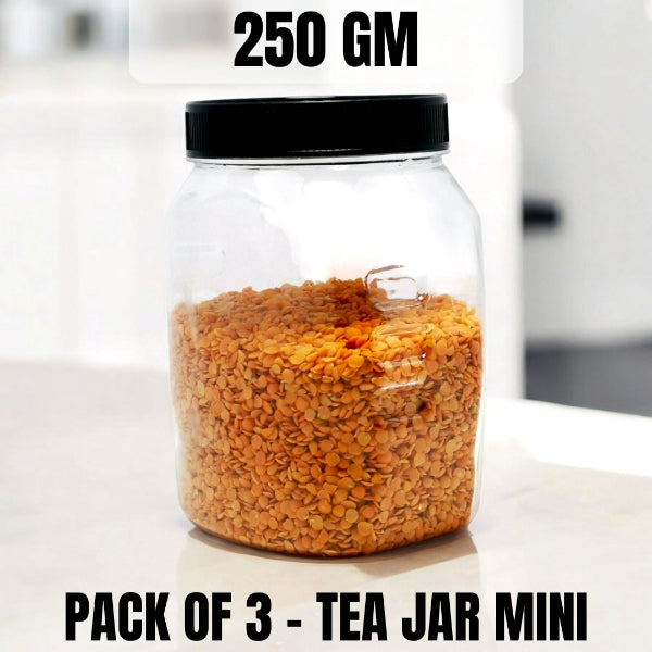 tea jar, 250gm jar, plastic container, airtight jar, food storage jar, kitchen organizer, BPA free jar, transparent jar, spice jar