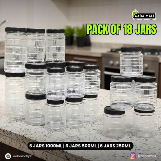 Pack of 18 clear jars with black lids on a kitchen counter, labeled 'Aaba Mall'.