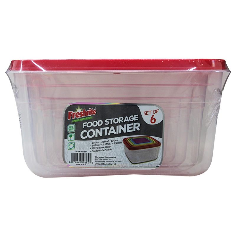 Set Of 6 Plastic Food Storage Container Square