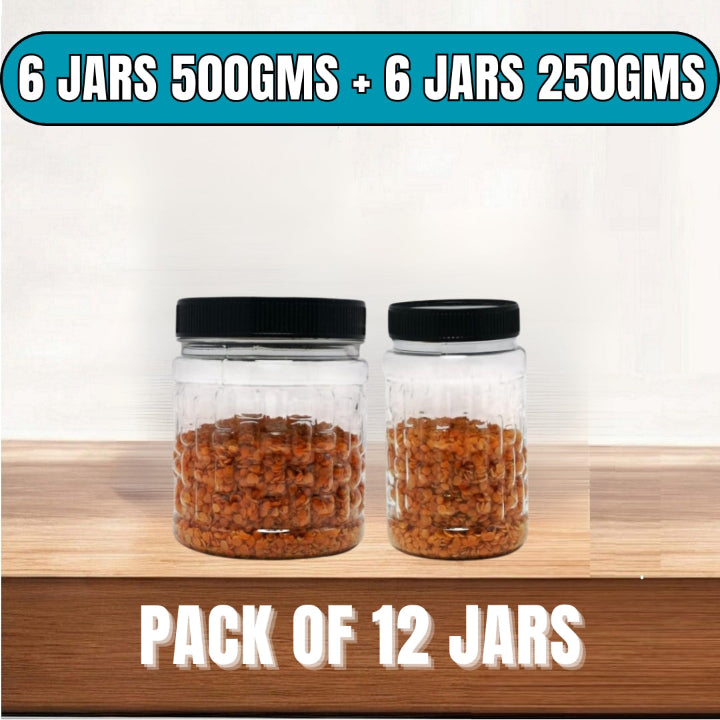 Two high quality plastic jars with black lids on a wooden surface, with text indicating a pack of 12 jars with different weights. Wholesale rate price