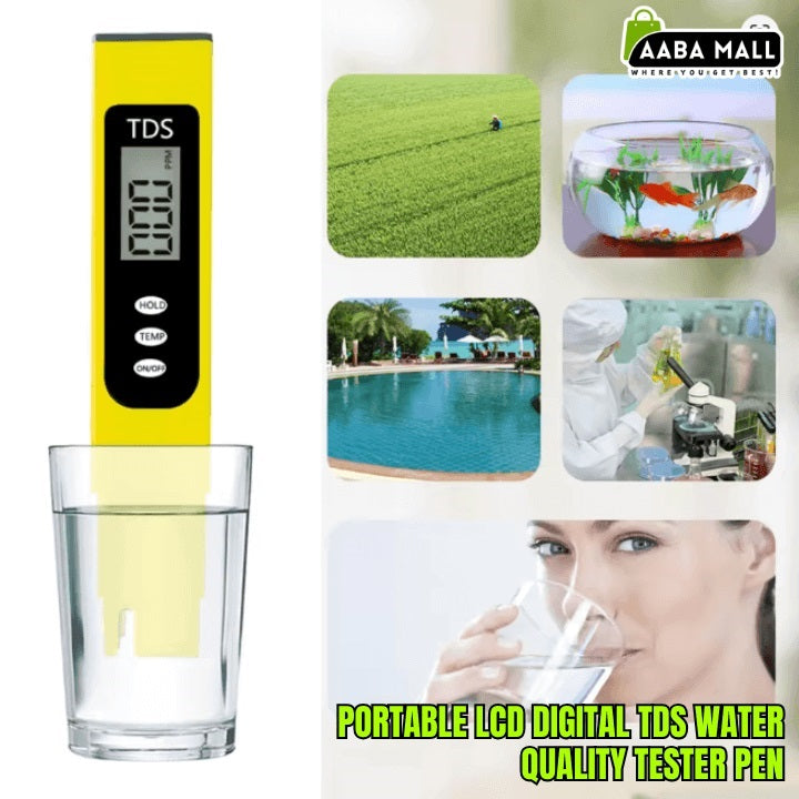 TDS meter with images of water quality applications and a person drinking water.