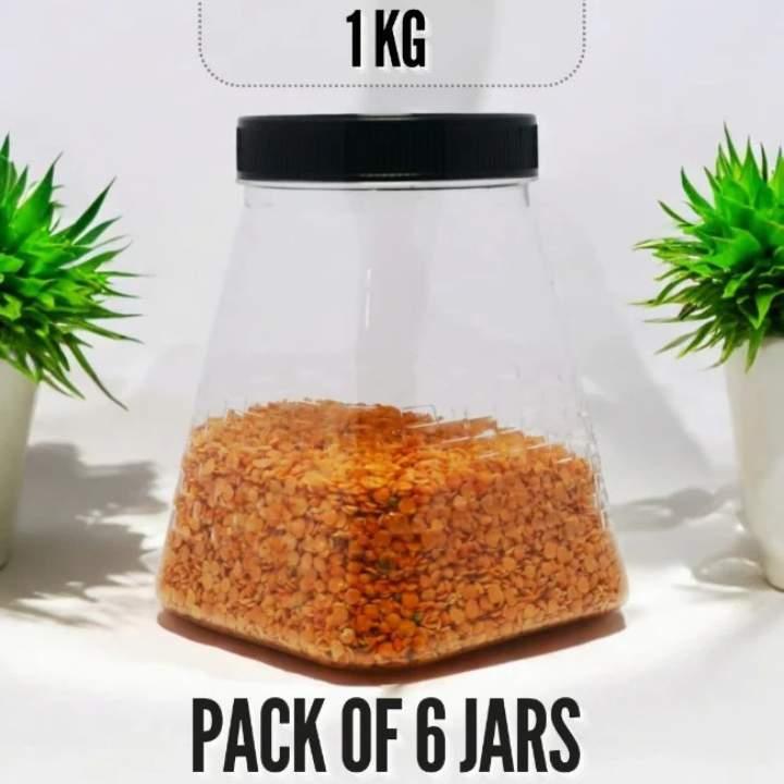 6 Pcs Large Pyramid Design Storage Jar Set (1 KG) with Rack ? Food Grade Plastic Organizer for $\text{Masalas}$, $\text{Pulses}$ & Bulk Snacks