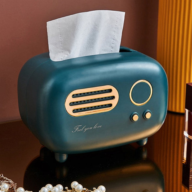 Retro radio model tissue box holder, vintage desk decor and napkin dispenser for living room
