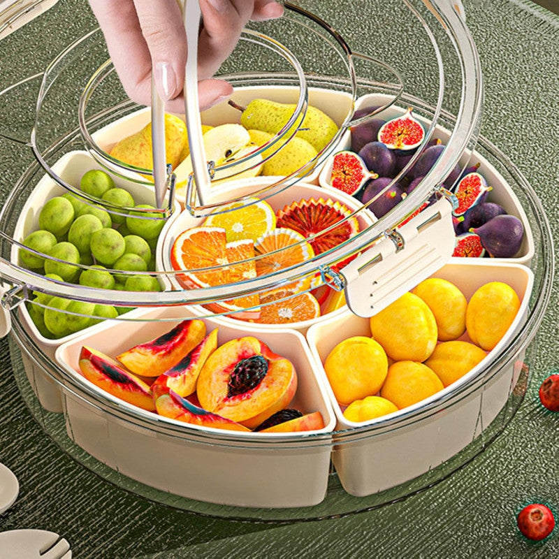 Multi-Compartment Rotating Snack Organizer Tray with Lid and Handle