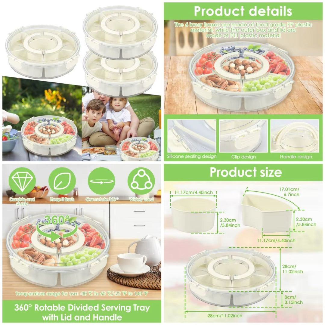 Multi-Compartment Rotating Snack Organizer Tray with Lid and Handle