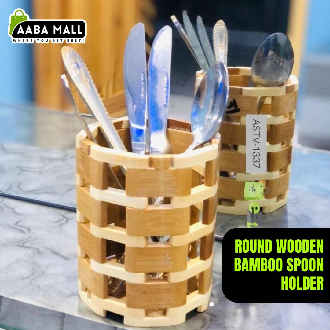 Round Wooden Bamboo Spoon Holder