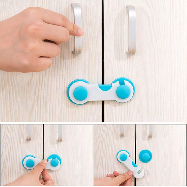 Hand using a blue safety lock on a cabinet door with close-up shots of the lock.