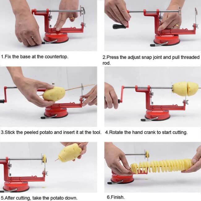 Step-by-step guide on using a red potato peeler with images of hands performing each step.