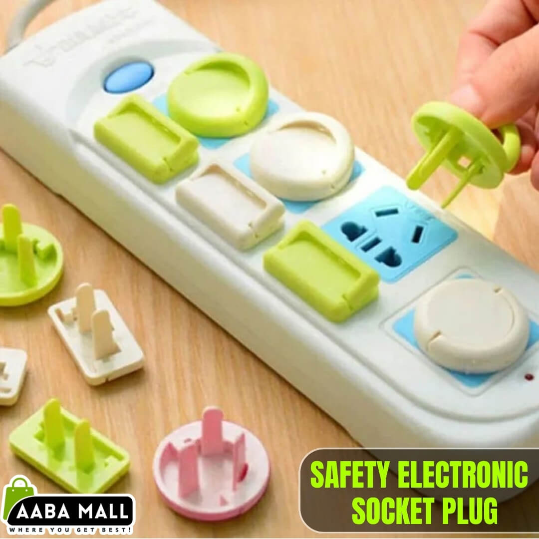 Safety electronic socket plug with colorful covers on a wooden surface, featuring AABA MALL branding.