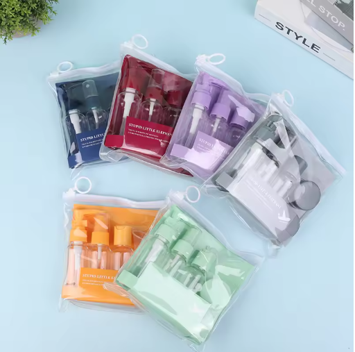 Set of 5 Travel Kit Bottle & Dispenser Set Makeup Shampoo Shower Gel Face Wash Skin Care Hand Cream Dispenser