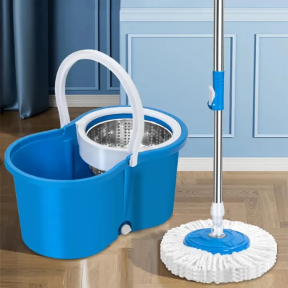 360 Degree Easy Spin Bucket Mop - 2 Microfiber Head and Steel Jar and Rod
