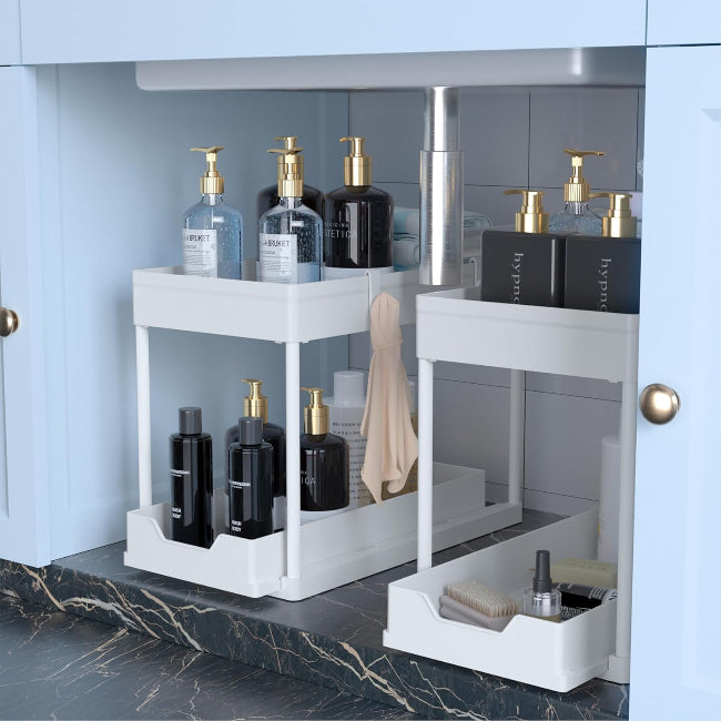 Sliding 2-Tier Cabinet Organizer, pull-out metal storage drawer for kitchen under sink area