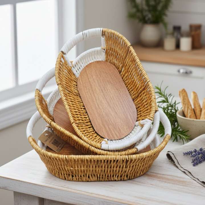 Woven baskets with a wooden paddle on a kitchen counter