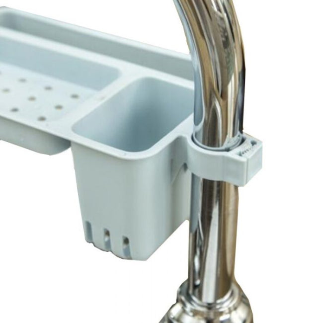 Kitchen sink faucet sponge and soap holder drain rack storage organizer, plastic or stainless steel dishwashing liquid and brush caddy