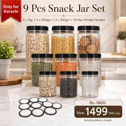 9 Pcs plastic snack jar set with black lids including 10 non-printed stickers for kitchen organization. Set contains three 1kg jars, three 500gm jars, and three 250gm jars filled with nimco, daal, and masalay. Only for Karachi delivery promotion banner with price 1499 PKR.COD AABA MALL