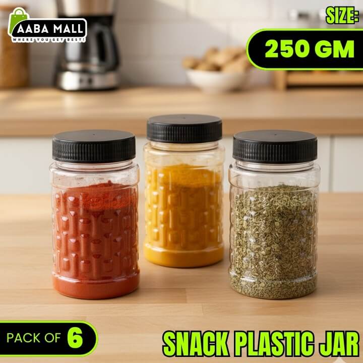 Three spice jars on a kitchen counter with visible spices and branding text.