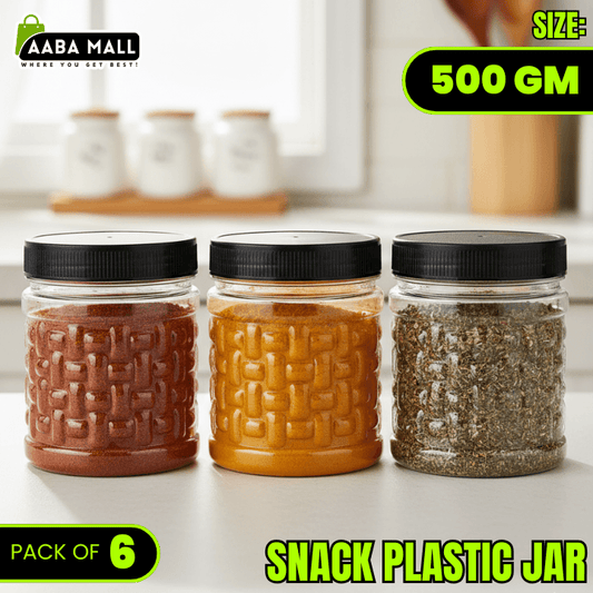 Three snack plastic jars with textured lids on a kitchen counter, featuring Aaba Mall branding.