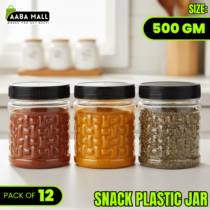 Three snack plastic jars with textured lids on a kitchen counter, with branding and product details displayed.