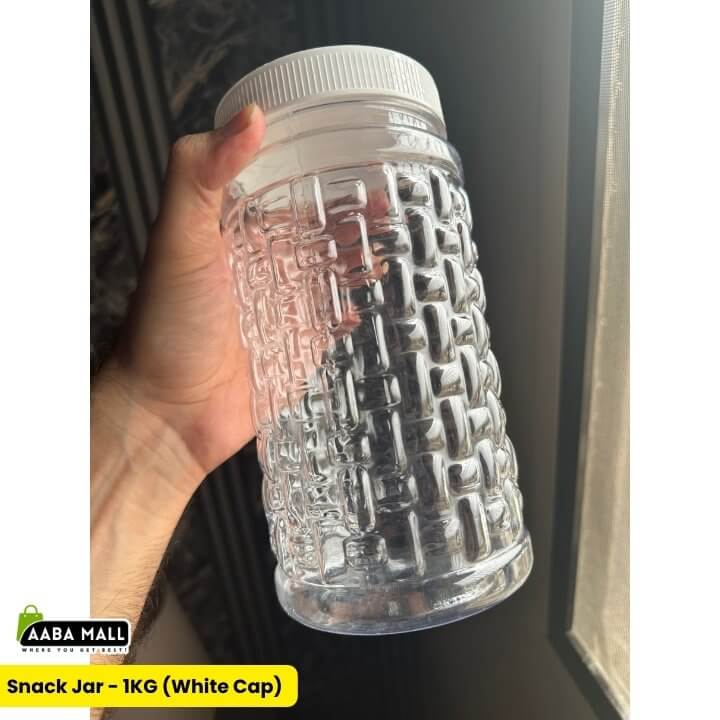 Close-up View of Premium Airtight Plastic Snack Jar by AabaMall showing Food Grade BPA-Free Quality and Secure Lid | Kitchen Storage Container for Rashan, Snacks & Dry Fruits | Cash on Delivery (COD) Across Pakistan at AabaMall.pk
