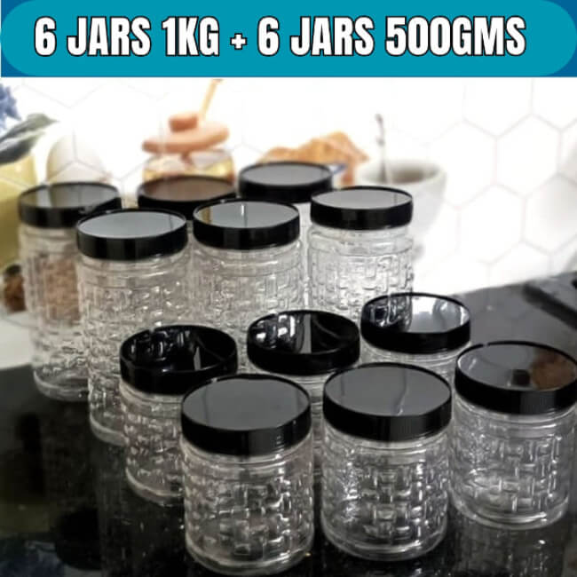 12-piece snack design airtight plastic storage jar set, BPA-free transparent containers 6x 1kg and 6x 500gm for bulk groceries, pulses, and snacks